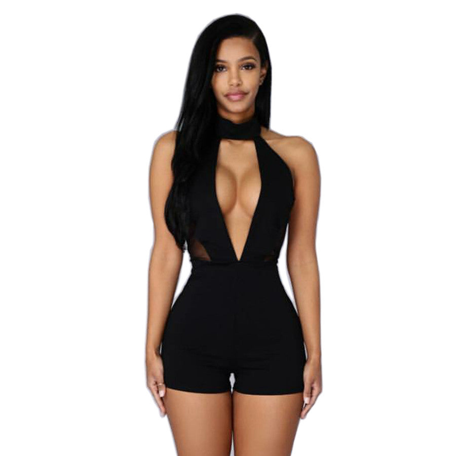 Kylie Jenner Style Short Halter Overalls Backless One Piece Black Keyhole Clubwear Bodysuit - CELEBRITYSTYLEFASHION.COM.AU