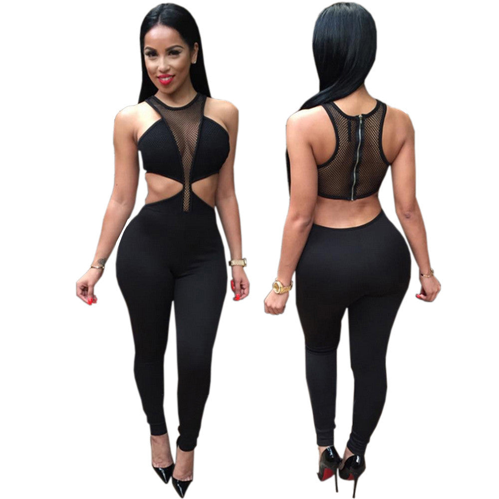 Stretch Mesh Sheer Overall Backless Patchwork O-neck Jumpsuit - CELEBRITYSTYLEFASHION.COM.AU - 1