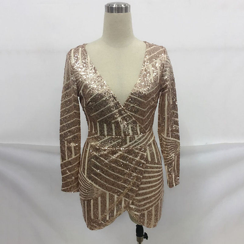 Geometric Luxury Sequins Deep Plunge Wrap Dress Mini Casual Party Dress - CELEBRITYSTYLEFASHION.COM.AU - 2