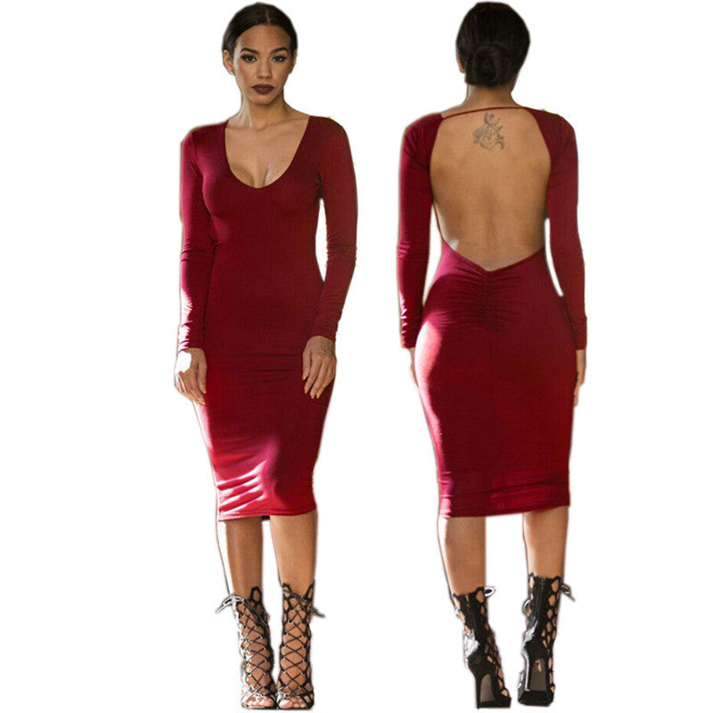 Deep V-neck Backless Party Long Sleeve Knee-length Dress - CELEBRITYSTYLEFASHION.COM.AU - 3