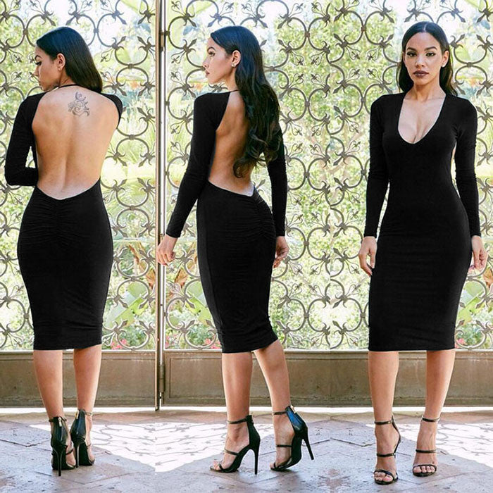 Deep V-neck Backless Party Long Sleeve Knee-length Dress - CELEBRITYSTYLEFASHION.COM.AU - 1