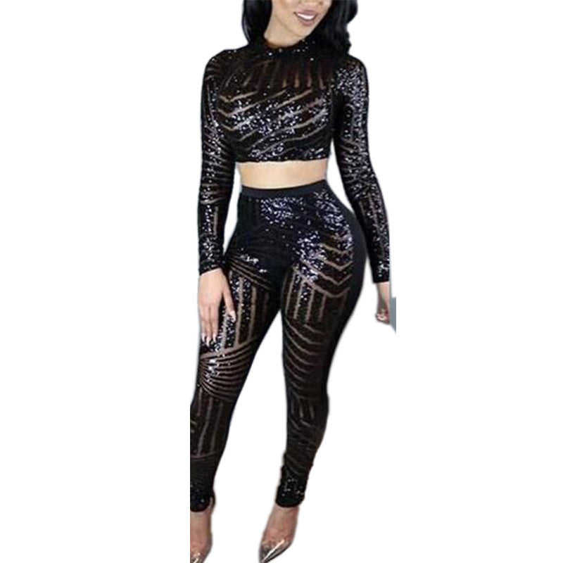 Women Crop Top + Pant Sequined O-Neck Playsuit Two Pieces Outfit - CELEBRITYSTYLEFASHION.COM.AU - 1