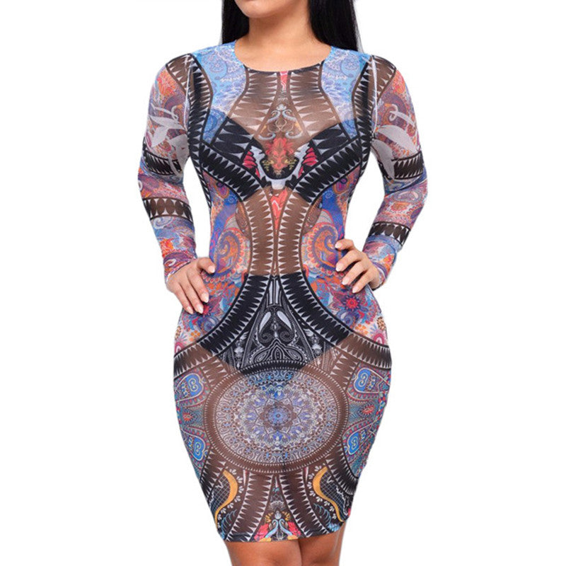 European Geometric Printing Mesh Sheer Party Dress - CELEBRITYSTYLEFASHION.COM.AU