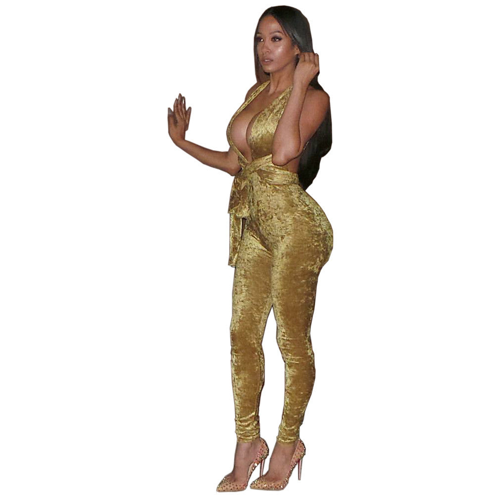 Deep V Neck Club Velvet Shinny Backless Jumpsuit Sleeveless Yellow Full Length Bodysuit - CELEBRITYSTYLEFASHION.COM.AU