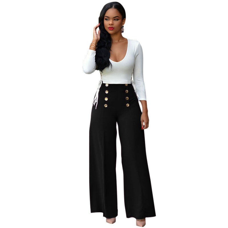 Two Piece Outfit Bodysuit Jumpsuit Long Wide Pants 2 Piece Set Button Criss Cross Playsuit - CELEBRITYSTYLEFASHION.COM.AU - 2