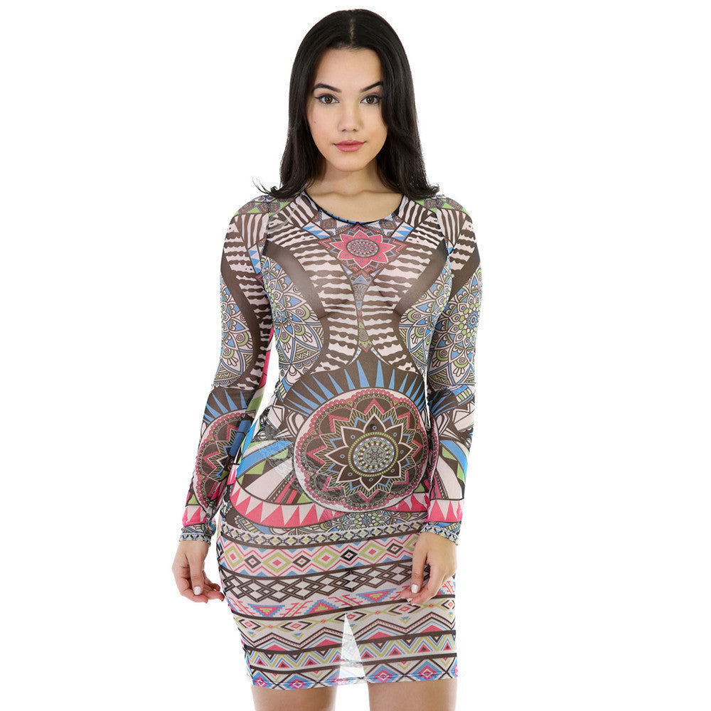 Colorful Sheer Geometric Digital Printed Dress Long Sleeve - CELEBRITYSTYLEFASHION.COM.AU