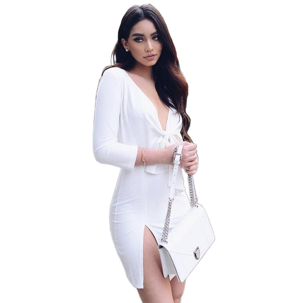 Slit Sides Tie V-neck White Mini Party Dress - CELEBRITYSTYLEFASHION.COM.AU