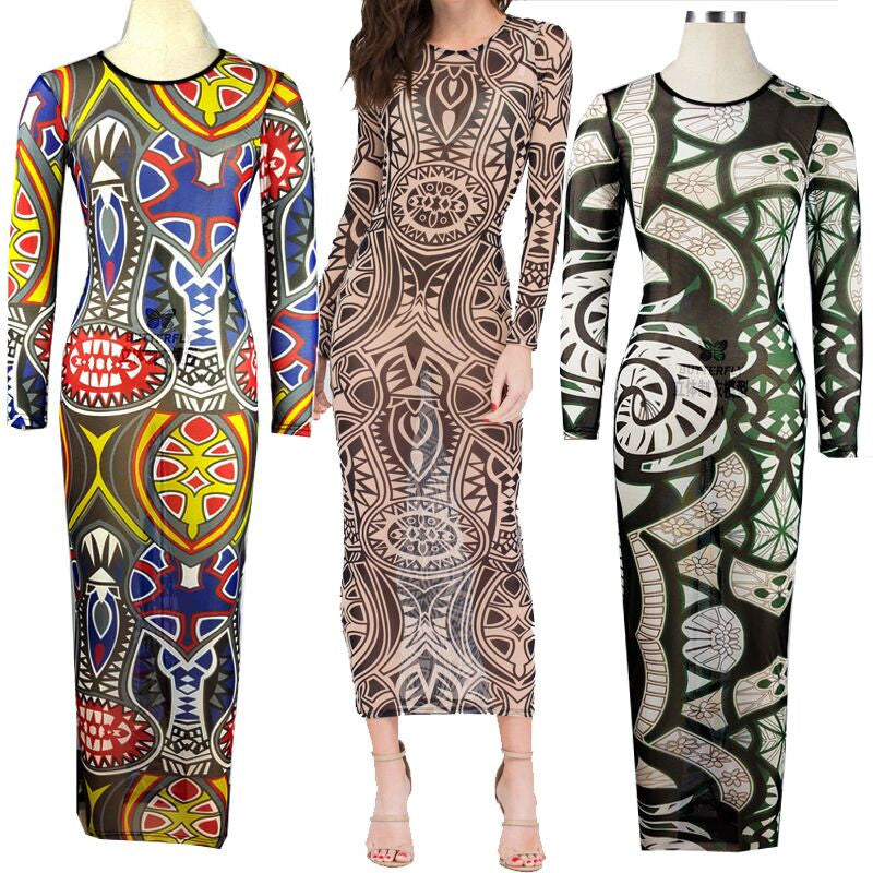 Exotic Designer Retro Sheer Mesh Colorful Printed Dress - CELEBRITYSTYLEFASHION.COM.AU - 1