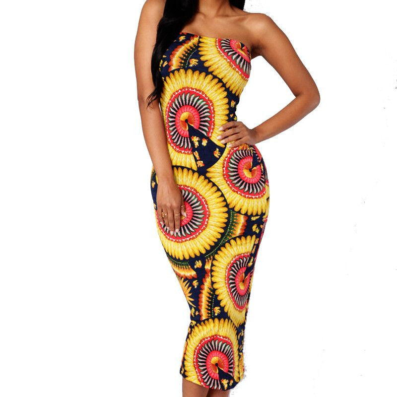 Yellow Printing Dress Off Shoulder Sleeveless Strapless Vintage Pencil Elegant Party Dress - CELEBRITYSTYLEFASHION.COM.AU - 1