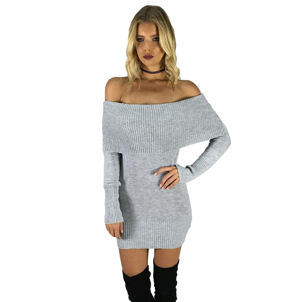 Ribbed Sweater Dress Off Shoulder Dress - CELEBRITYSTYLEFASHION.COM.AU - 2