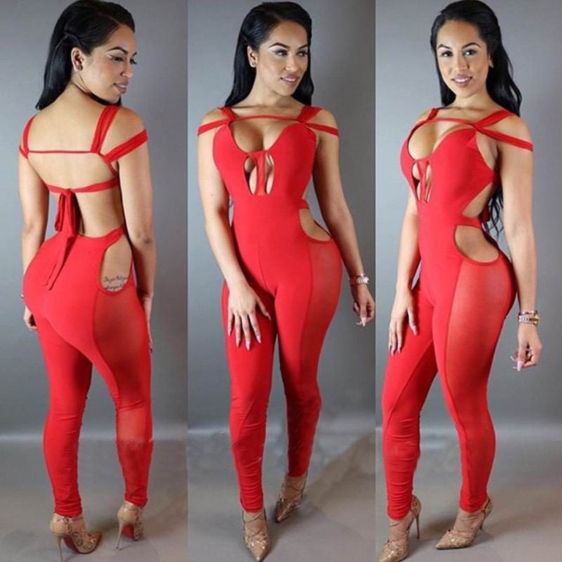 Backless Mesh Patchwork Playsuit V-Neck Bandage Jumpsuit - CELEBRITYSTYLEFASHION.COM.AU - 3