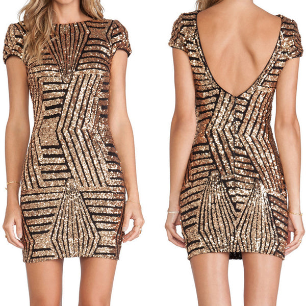 Geometric Backless Sequins Deep Plunge Zipped Back Mini Party Dress
