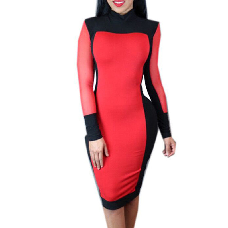 Block Patchwork Party Black Red Slim Dress - CELEBRITYSTYLEFASHION.COM.AU