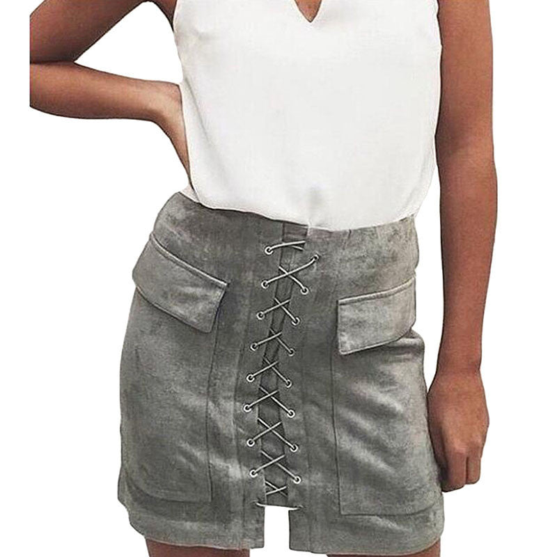 Slim High Waist Lace Up Suede Skirt - CELEBRITYSTYLEFASHION.COM.AU - 6