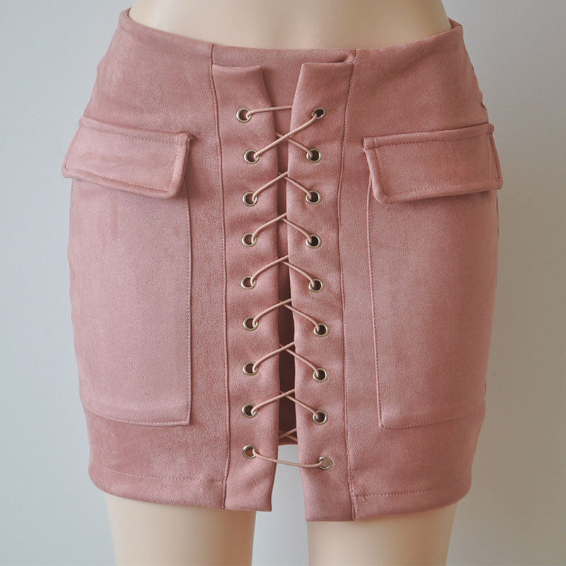 Slim High Waist Lace Up Suede Skirt - CELEBRITYSTYLEFASHION.COM.AU - 3