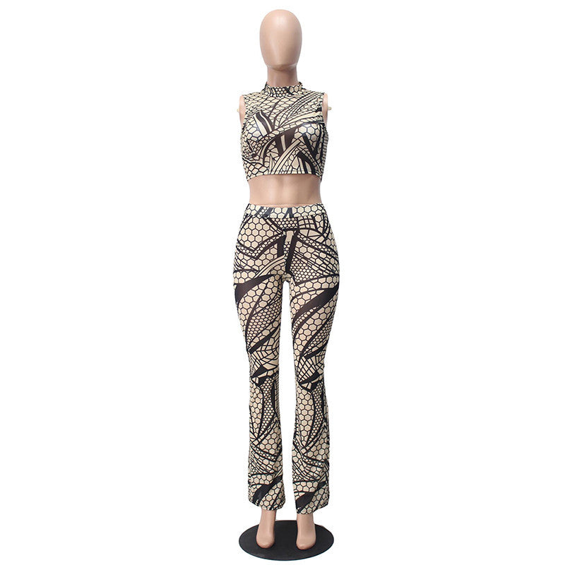 Two Piece Geometric Printed Jumpsuit Long Pants Bandage With Crop Top - CELEBRITYSTYLEFASHION.COM.AU - 2
