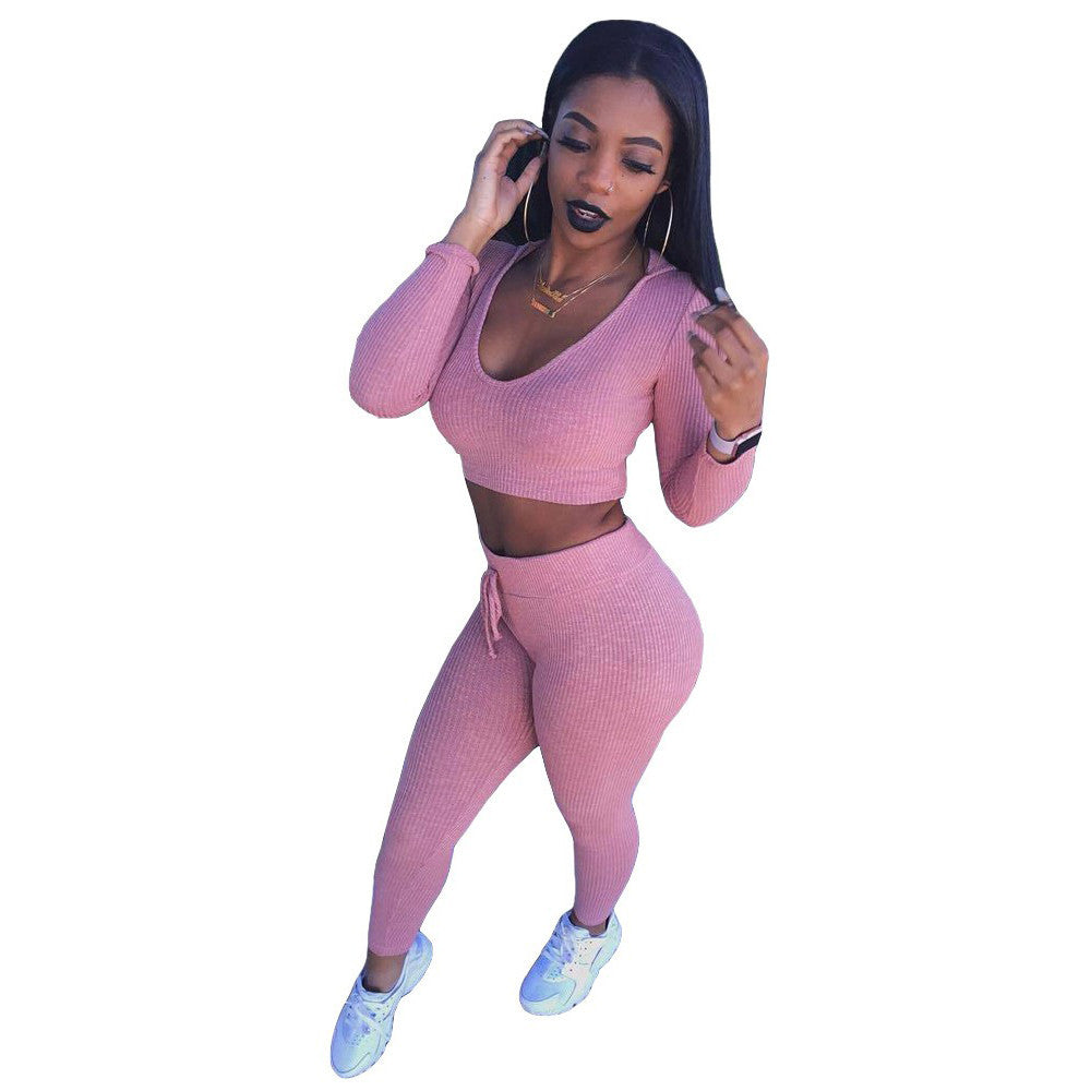 Ribbed Long Sleeve Two Piece Jumpsuit Pink Overalls Winter Hooded O-neck - CELEBRITYSTYLEFASHION.COM.AU - 1