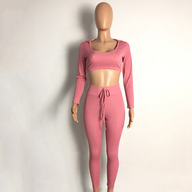 Ribbed Long Sleeve Two Piece Jumpsuit Pink Overalls Winter Hooded O-neck - CELEBRITYSTYLEFASHION.COM.AU - 2