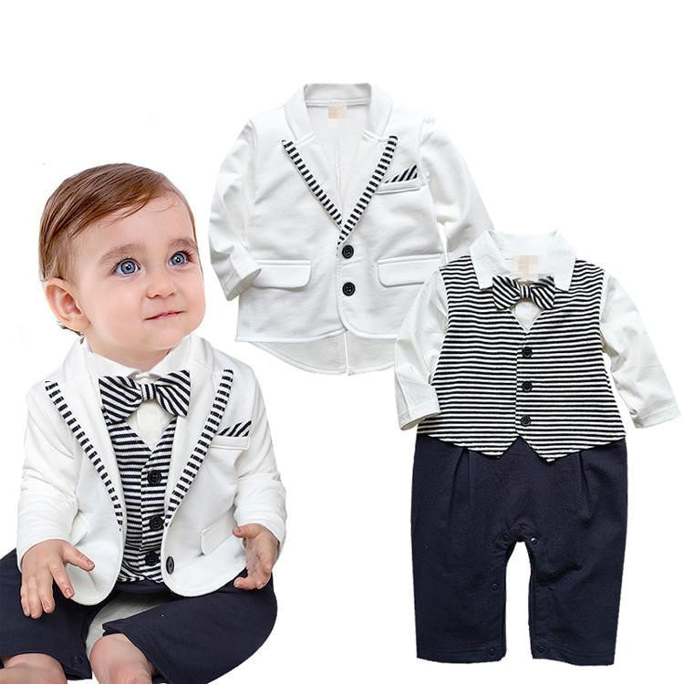 gentleman baby boy clothes white coat+ striped rompers clothing set newborn wedding suit - CelebritystyleFashion.com.au online clothing shop australia