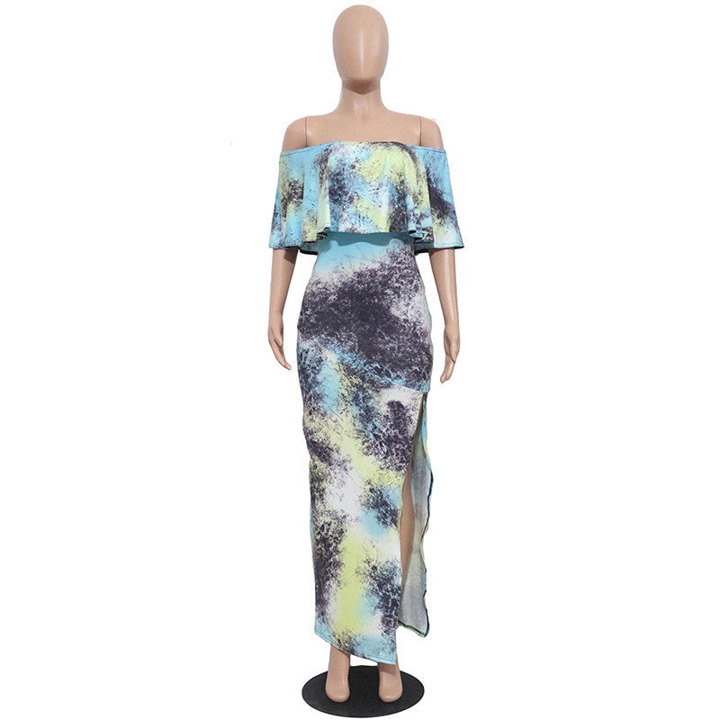 Strapless Maxi Print Dress Ruffles Short Sleeve Split - CELEBRITYSTYLEFASHION.COM.AU - 2