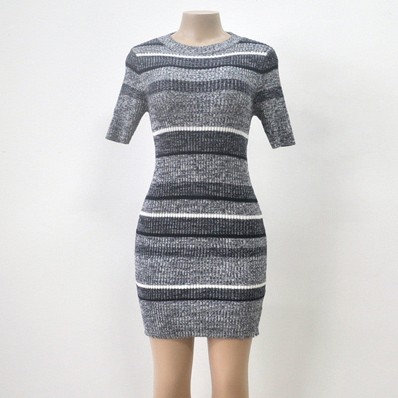 O-neck Short Sleeve Winter Knitted Mini Sexy Striped Sweater Dress - CELEBRITYSTYLEFASHION.COM.AU - 2