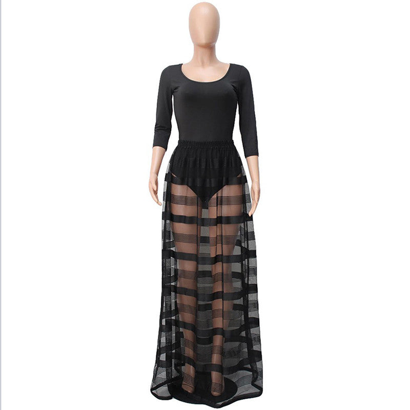 Long O-neck Three Quarter Sleeve Black Striped Mesh Maxi Dress Kim Kar Long O-neck Three Quarter Sleeve Black Striped Mesh Maxi Dress Kim Kar