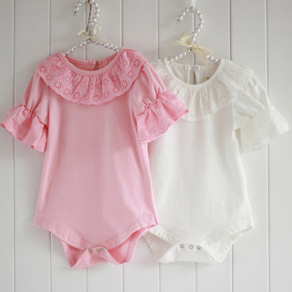 Kid Baby Ruffled Lace Collar Bodysuit Romper Pink Short-Sleeved Shirt Jumpsuit - CelebritystyleFashion.com.au online clothing shop australia