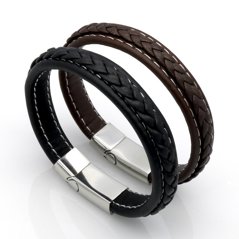 Top Quality Genuine Leather Bracelet Men Stainless Steel Leather Braid Bracelet With Magnetic Buckle Clasp - CelebritystyleFashion.com.au online clothing shop australia