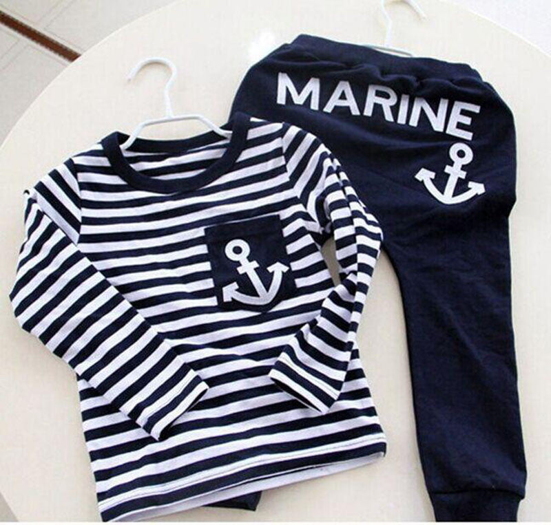 Spring Kids Clothes, Navy Long Sleeve Pullover Striped Sports Suit, New Casual Boys Clothing Set - CelebritystyleFashion.com.au online clothing shop australia