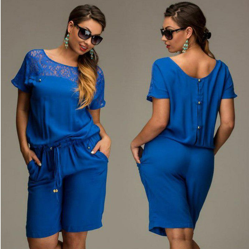 Women Summer Jumpsuits & Rompers L-6XL Plus Size Lace Short Sleeve Buttons Loose Lace Shorts Overalls Female M0233 - CelebritystyleFashion.com.au online clothing shop australia