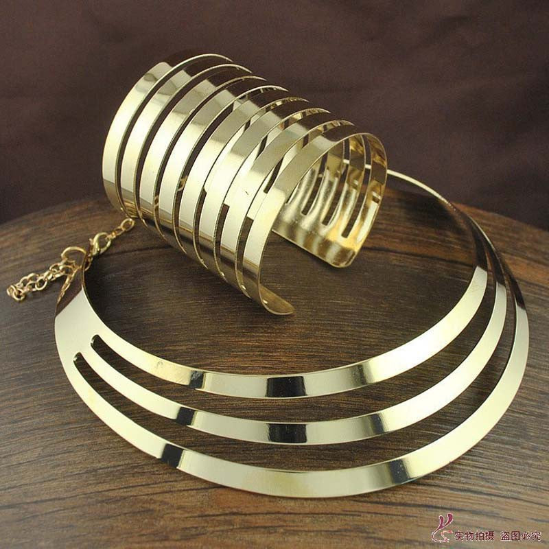 New Trendy Gold Plated Torques Opened Cuff Bracelet Bangles Necklace Sets Women Party Statement Jewelry Set - CelebritystyleFashion.com.au online clothing shop australia