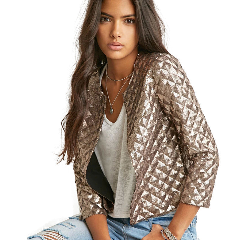 Spring Style Vogue Lozenge Women Gold Sequins Jackets Three quater sleeve Fashion Coats Outwears - CelebritystyleFashion.com.au online clothing shop australia