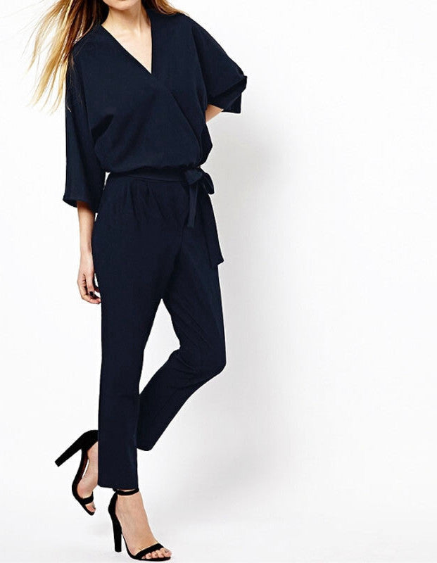 Fashion Women Jumpsuits Spring Autumn Solid Color Bodysuit Half Sleeve V Neck Casual Style Elegant Ladies Long Romper Overalls - CelebritystyleFashion.com.au online clothing shop australia