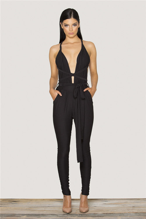 Jumpsuit Sleeveless Spaghetti Strap Deep V Neck Bodycon Playsuit - CelebritystyleFashion.com.au online clothing shop australia