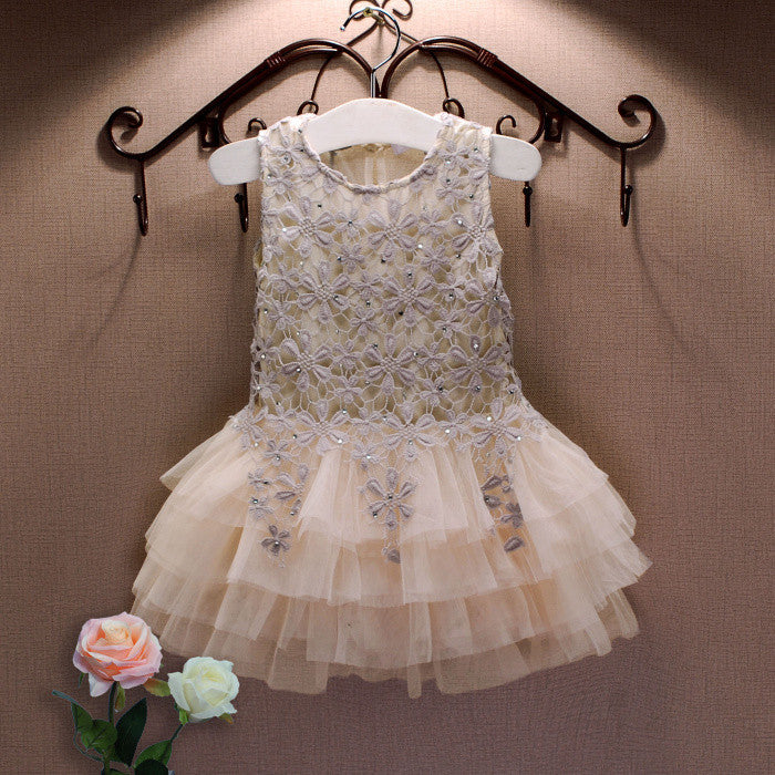 Summer New Lace Vest Girl Dress Baby Girl Princess Dress 3-7 Age Chlidren Clothes Kids Party Costume Ball Gown Beige - CelebritystyleFashion.com.au online clothing shop australia