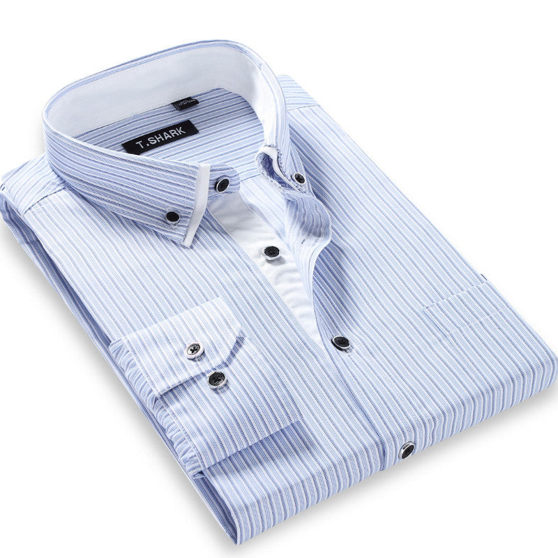 Autumn Men's Long-sleeved Plaid Striped Dress Shirts Double-collar Regular Fit Business Casual Button-down Shirt Work Wear - CelebritystyleFashion.com.au online clothing shop australia