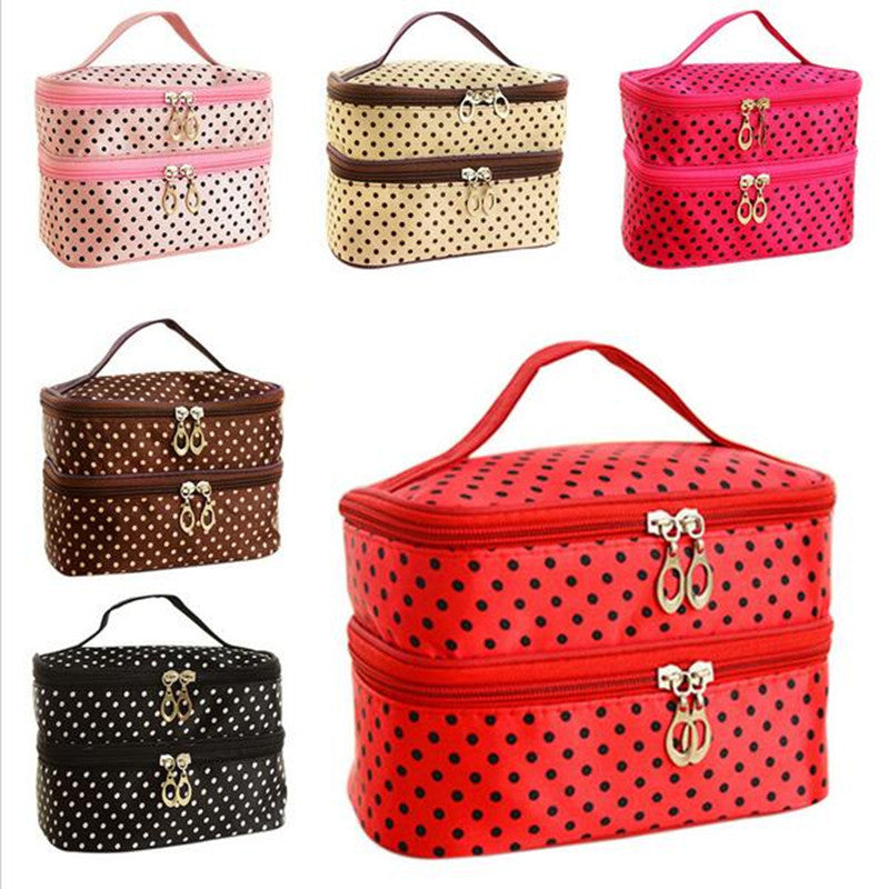 Fashion Double layer small dots cosmetic bag makeup tool storage bag multifunctional Storage package