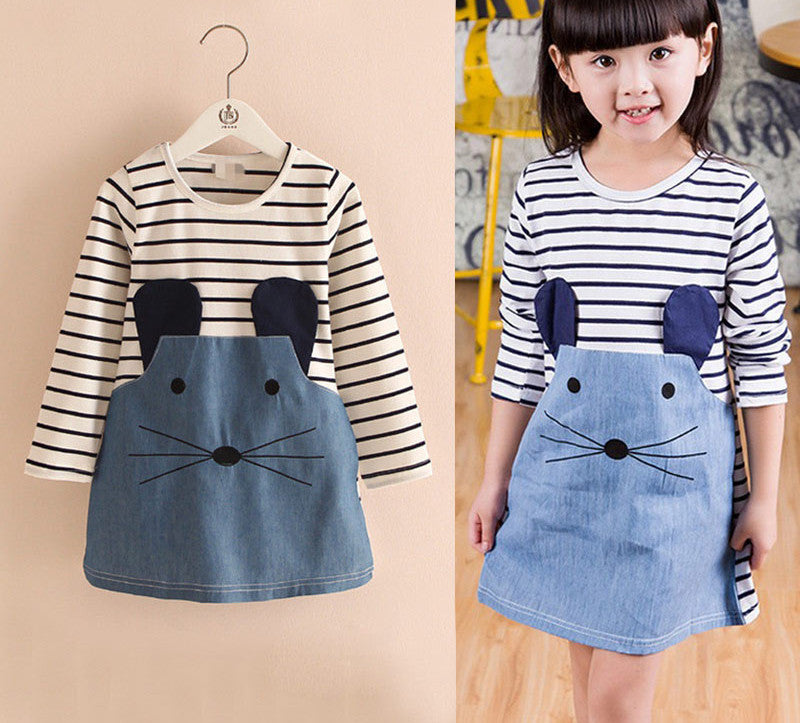 Striped Patchwork Character Girl Dresses Long Sleeve Cute Mouse Children Clothing Kids Girls Dress Denim Kids Clothes Girls - CelebritystyleFashion.com.au online clothing shop australia