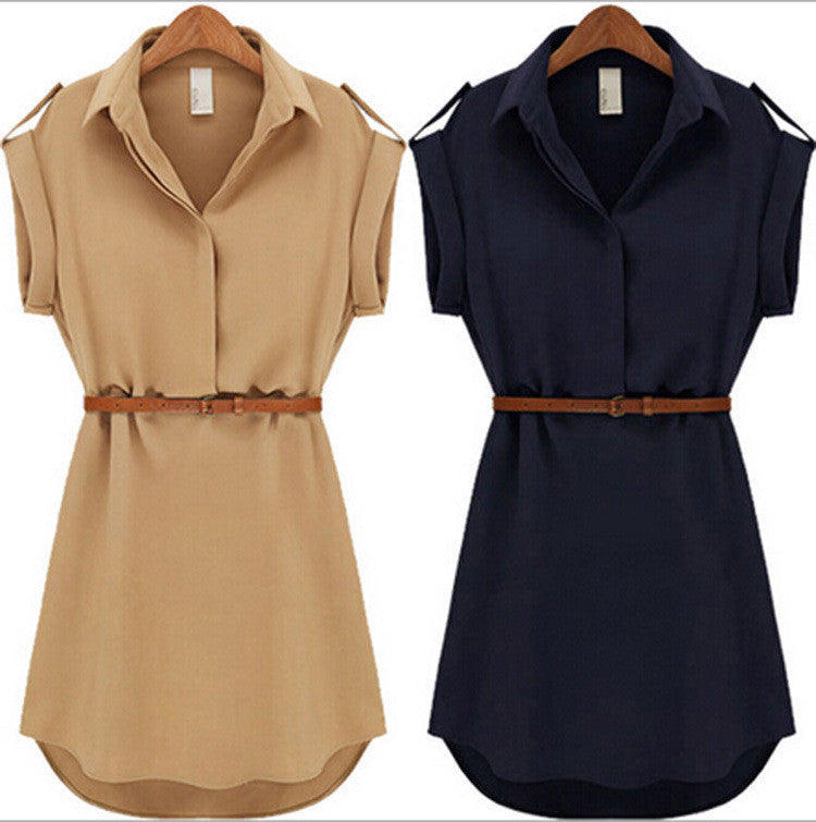 With Belt Women Summer Dress Shirt V-Neck Short A-Line Solid Plus Size Chiffon Casual Vestidos For Party Beach Office 8463 - CelebritystyleFashion.com.au online clothing shop australia