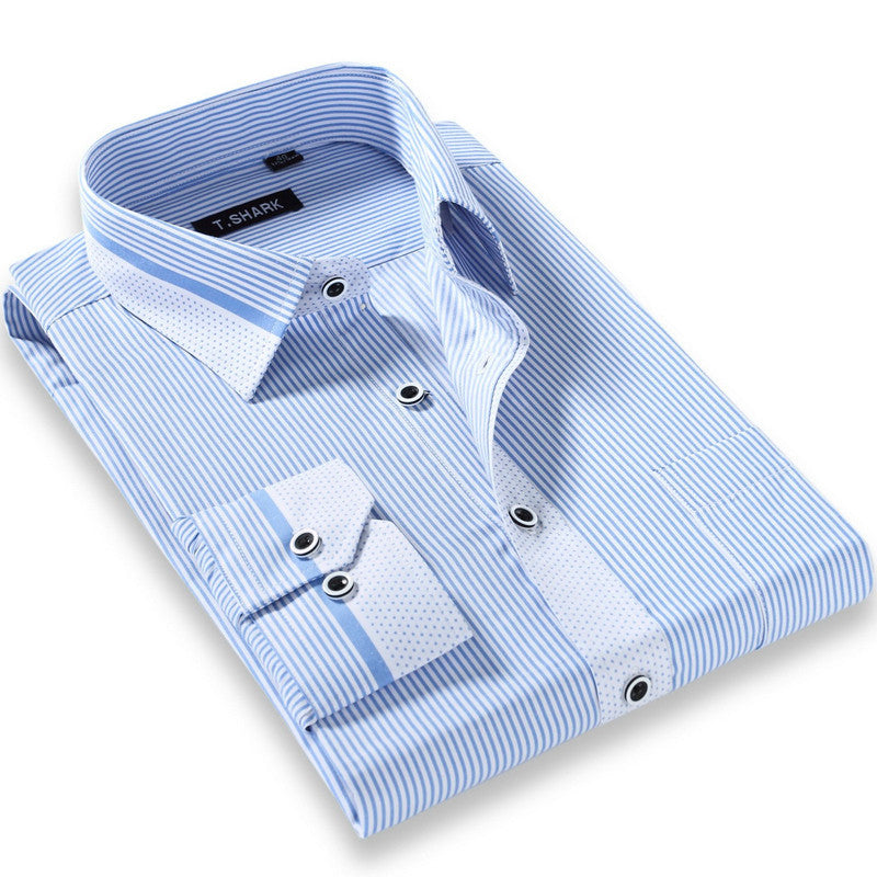 Men's Long Sleeve Light Blue/white Vertical Stripe Dress Shirt Regular-Fit Classic Turn-down Collar Business Formal Shirt - CelebritystyleFashion.com.au online clothing shop australia