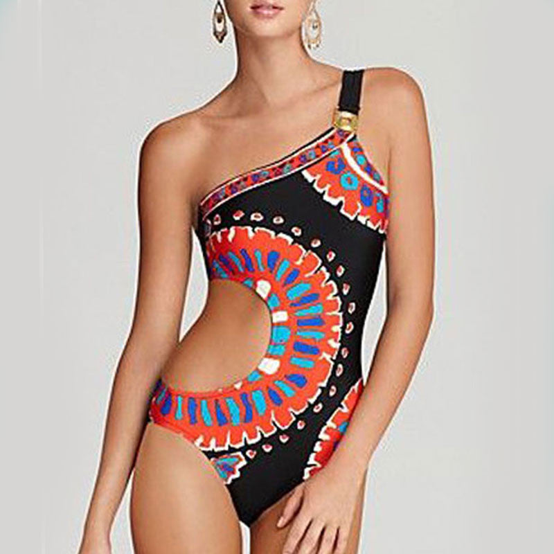 Retro Geometry Print One Piece Swimsuit Women Swimwear Sexy Hollow Out Monikini Bathing Suit One Shoulder Trikini Beachwear - CelebritystyleFashion.com.au online clothing shop australia