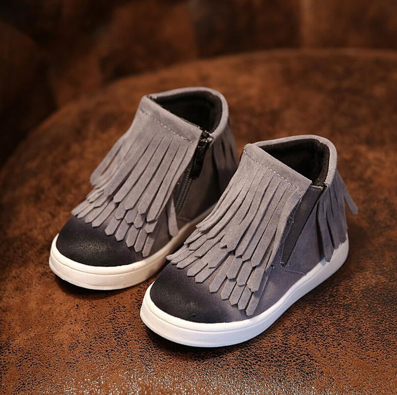 Spring Autumn Winter child/girl/kid motorcycle boots nubuck leather martin boots fringe flats shoes zip solid color short boots - CelebritystyleFashion.com.au online clothing shop australia