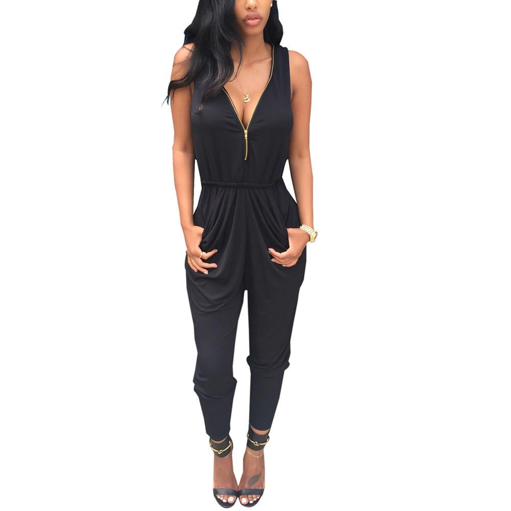 Sexy Long Black Rompers Womens Jumpsuit For Women Overalls Sleeveless Plus Size Bodycon Jumpsuit V Neck Suits Bodysuit Zipper - CelebritystyleFashion.com.au online clothing shop australia