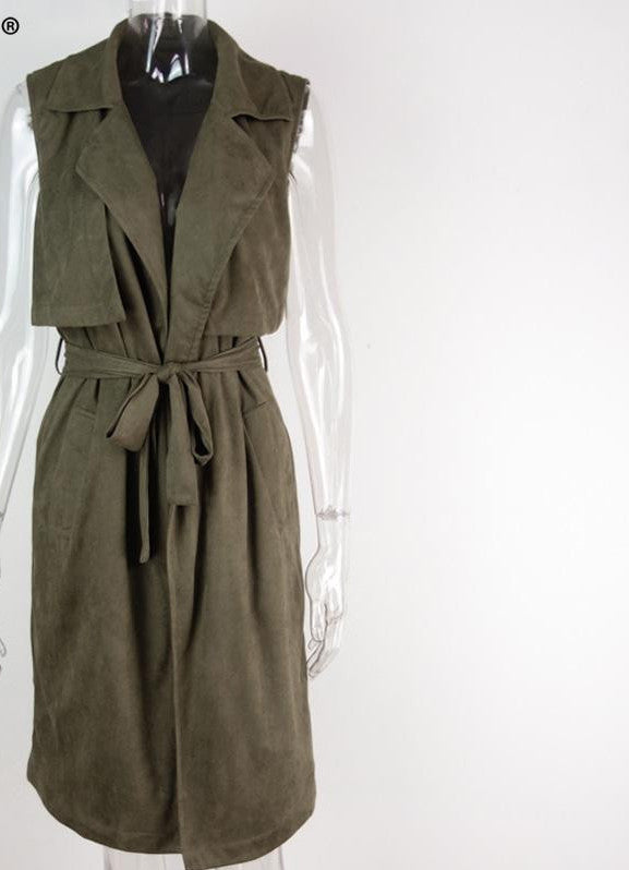 Army Green Suede Trench Coat Vest Waistcoat Jacket - CELEBRITYSTYLEFASHION.COM.AU - 5