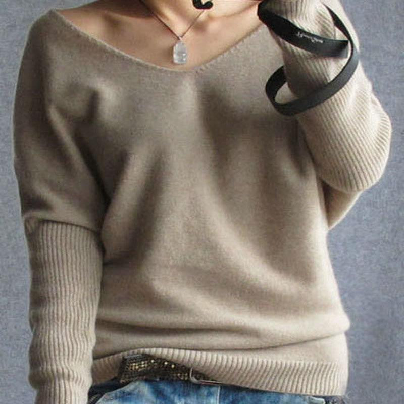 autumn winter 100 cashmere sweater women fashion sexy v-neck sweater loose long sleeve solid 100% wool sweater - CelebritystyleFashion.com.au online clothing shop australia