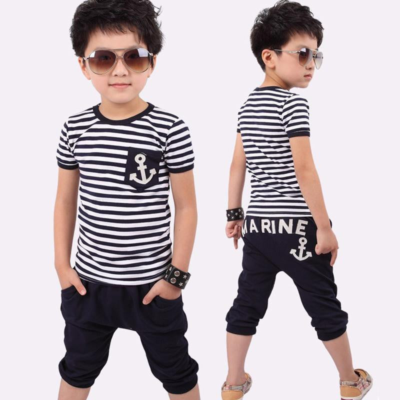 Summer Kids Clothes Navy Short Sleeve Pullover Striped Sports Suit New Casual Boys Clothing set - CelebritystyleFashion.com.au online clothing shop australia