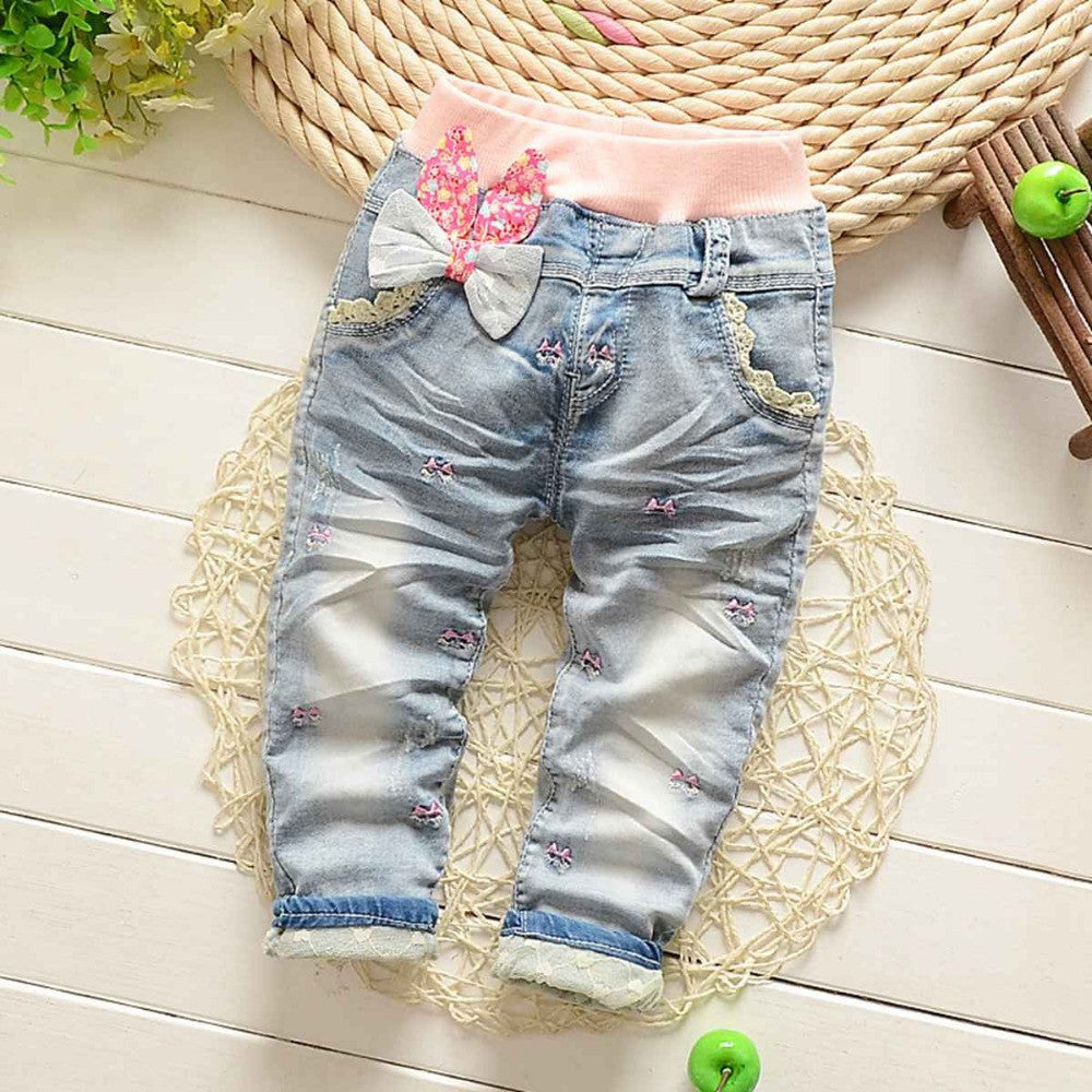Baby Girls Washed Vintage Embroidery Bow Cartoon Lace Denim Jeans Full Length Pants Kids Trousers S2750 - CelebritystyleFashion.com.au online clothing shop australia