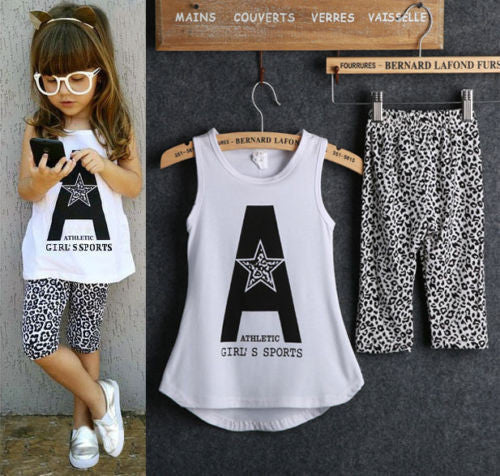 Kids Baby Girls 2pcs Sleeveless Letter Print Tops +Leopard Half Pant Set Clothes - CelebritystyleFashion.com.au online clothing shop australia