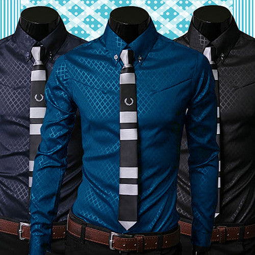 Fashion Men Argyle Luxury Business Style Slim Fit Long Sleeve Casual Dress Shirt - CelebritystyleFashion.com.au online clothing shop australia