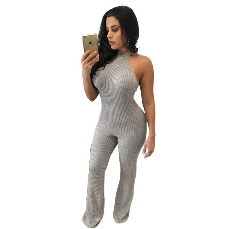 Rompers Women Jumpsuit New Fashion Solid Color Sleeveless Sexy Backless Round Neck Knitted Bodycon Grey Long Pant Jumpsuits - CelebritystyleFashion.com.au online clothing shop australia